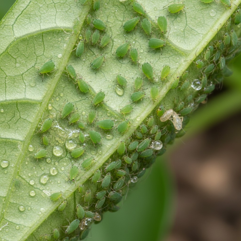 Dense cluster of green aphids on underside of pepper leaf
