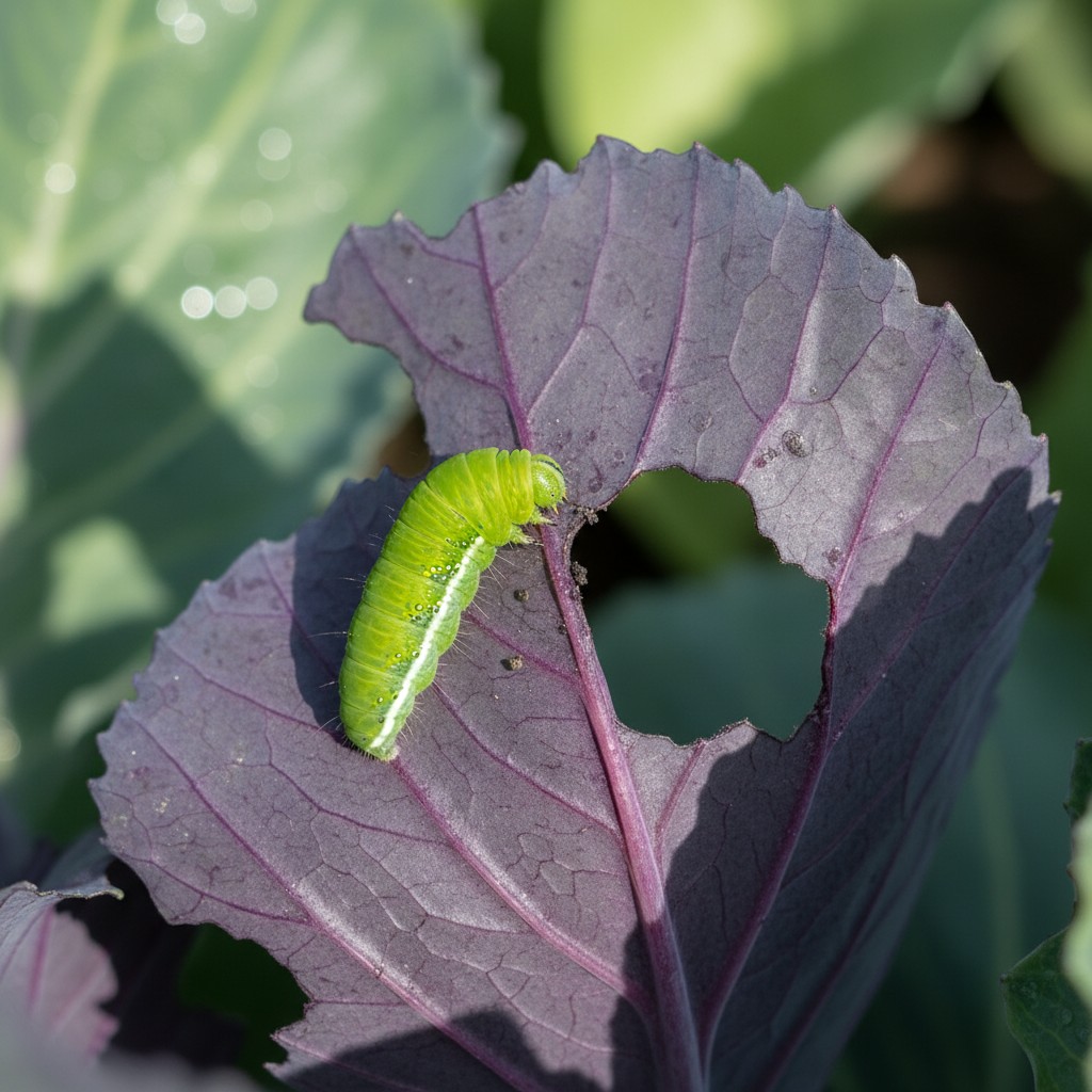 Green imported cabbageworm eating through purple cabbage leaf