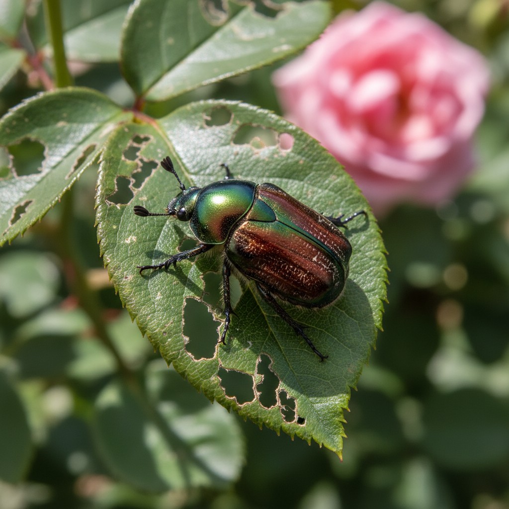 Metallic green Japanese beetle feeding on a skeletonized rose leaf