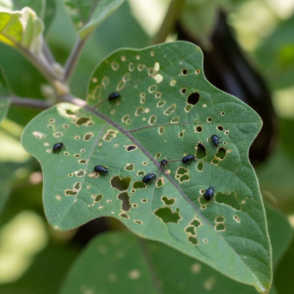 Tiny black flea beetles with shotgun-hole damage on eggplant leaf