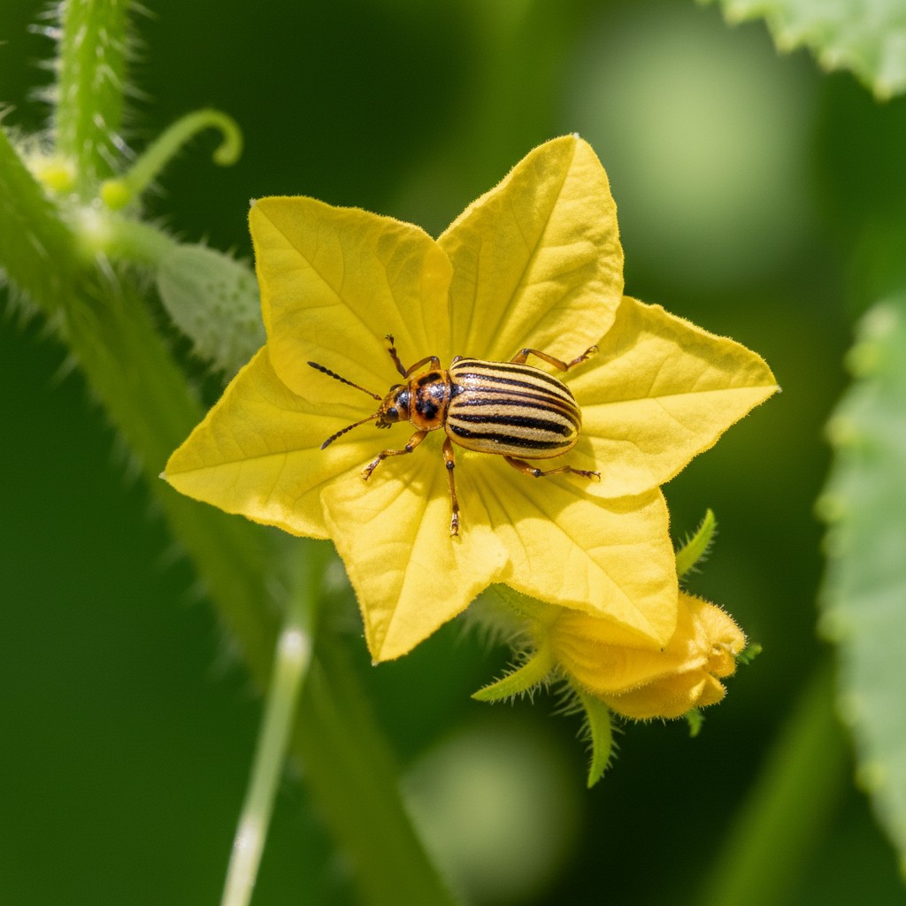 Yellow and black striped cucumber beetle on a cucumber flower