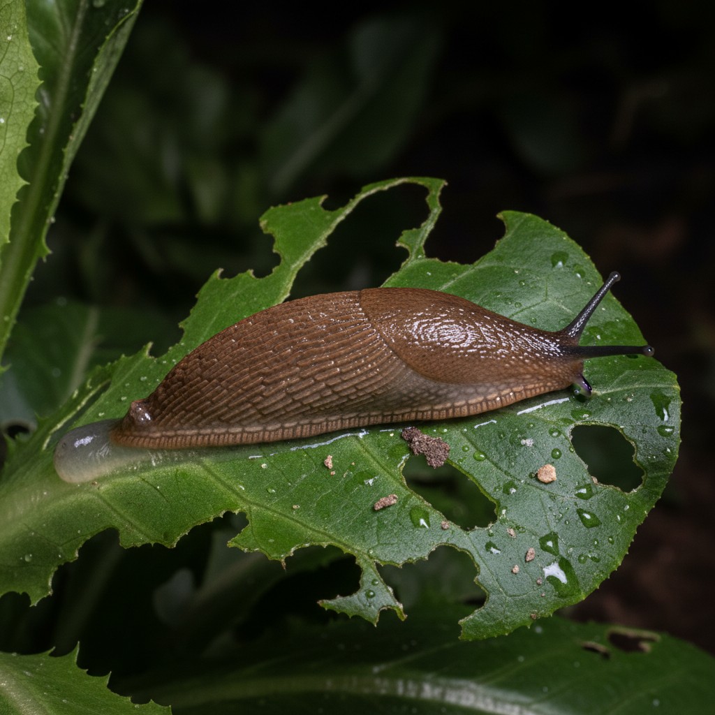 Brown garden slug with slime trail on lettuce leaf at night