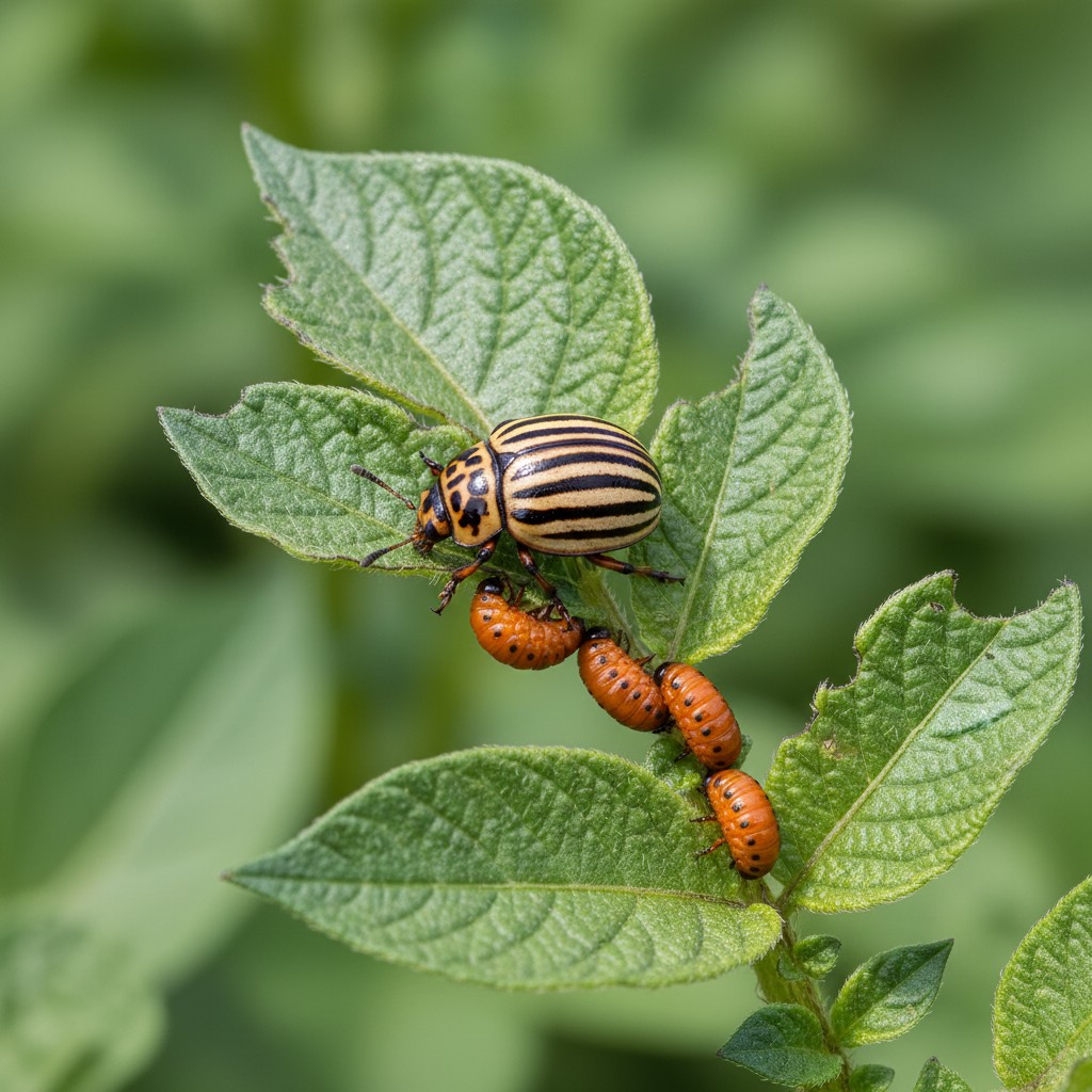 Striped Colorado potato beetle and orange larvae on potato leaf