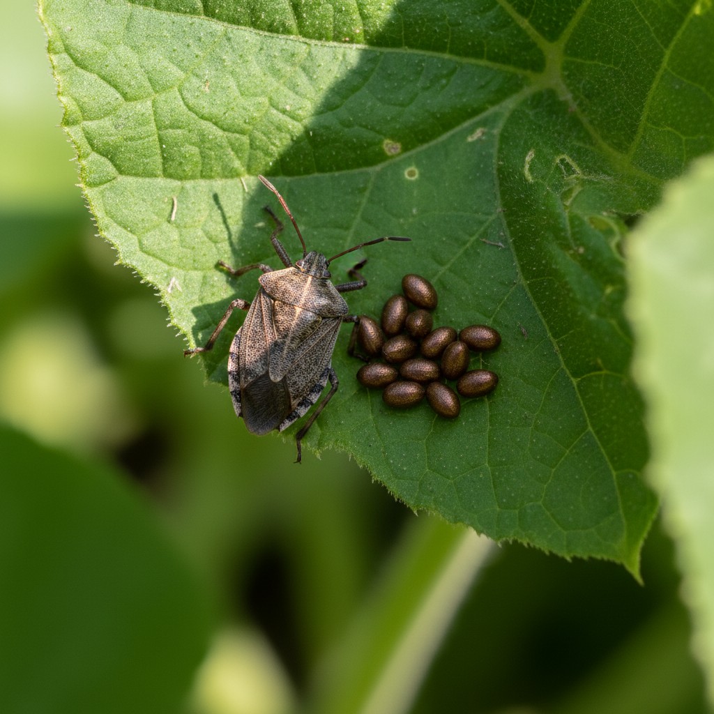 Shield-shaped squash bug with bronze egg cluster on squash leaf