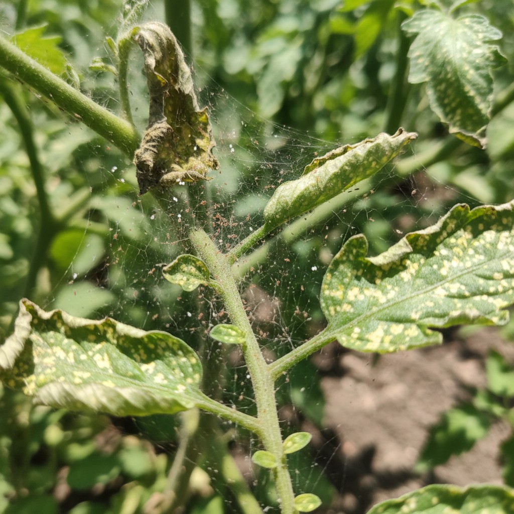 Spider mite webbing on tomato plant with stippled yellow leaves