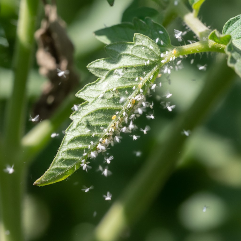 Tiny white whiteflies on underside of tomato leaf