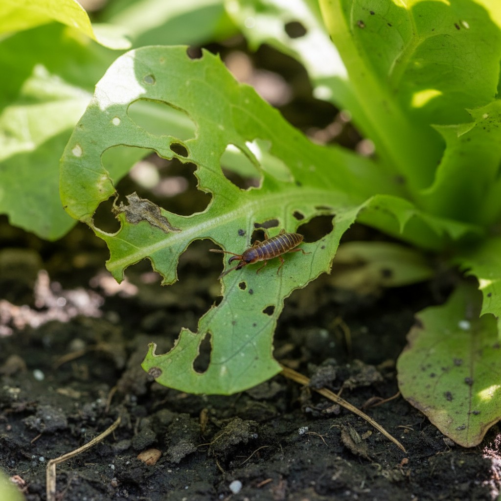 Brown earwig with pincers hiding near ragged holes in lettuce