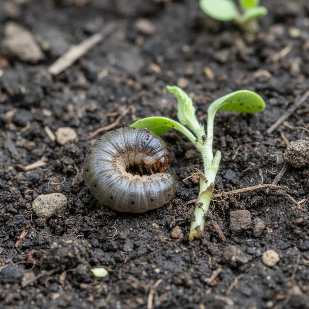Gray-brown cutworm curled in C-shape next to cut seedling stem