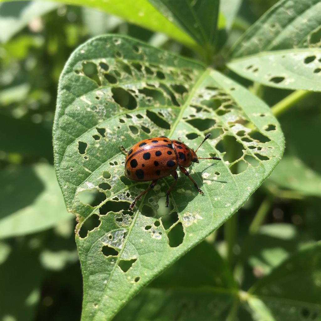 Copper Mexican bean beetle with spots and lace-like leaf damage