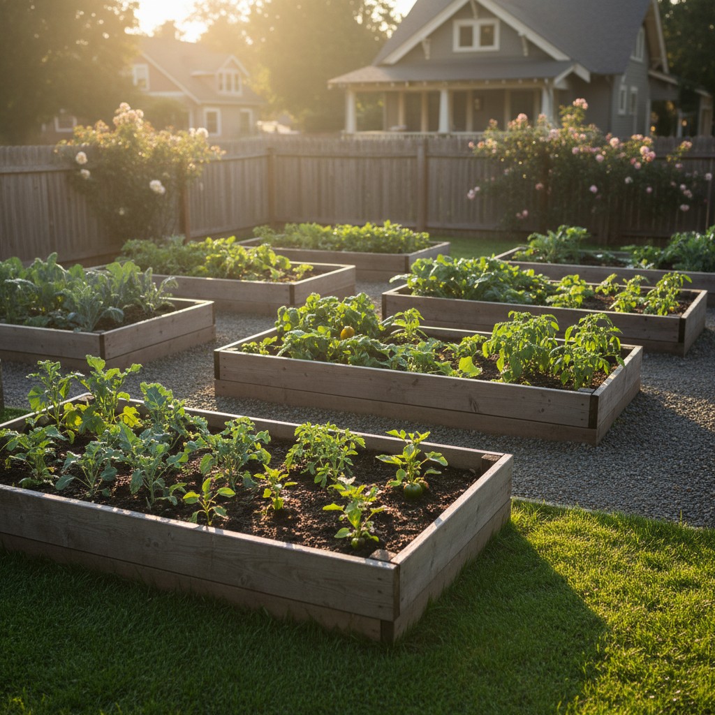 Morning sunlight hitting garden beds showing shadow and sun angles