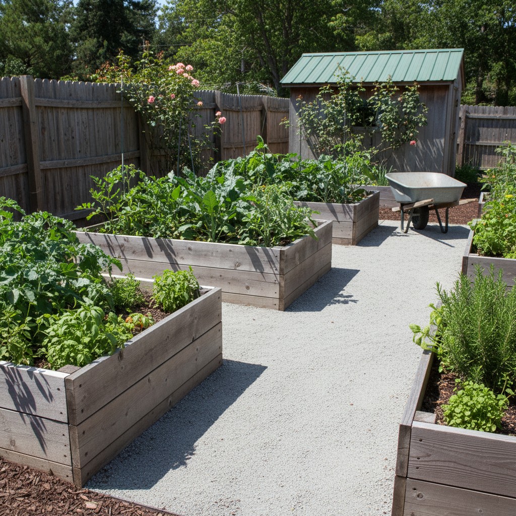 Well-designed garden with wide gravel paths between raised beds
