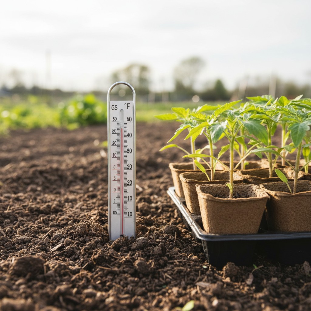 Thermometer in garden soil reading 65 degrees with seedlings nearby