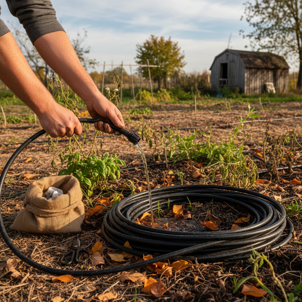 Hands disconnecting and draining drip tubing for winter storage