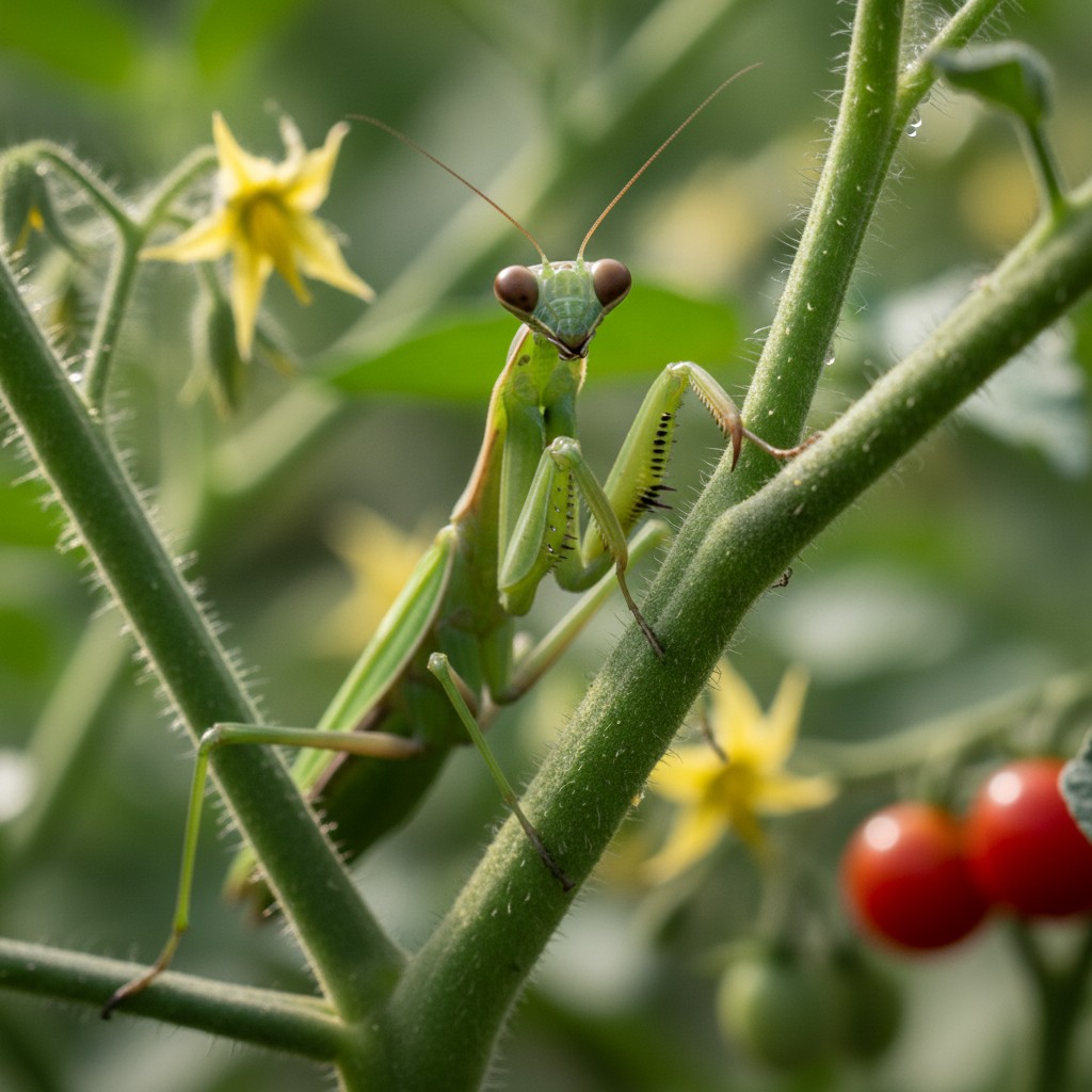Green praying mantis in hunting posture on a garden plant stem