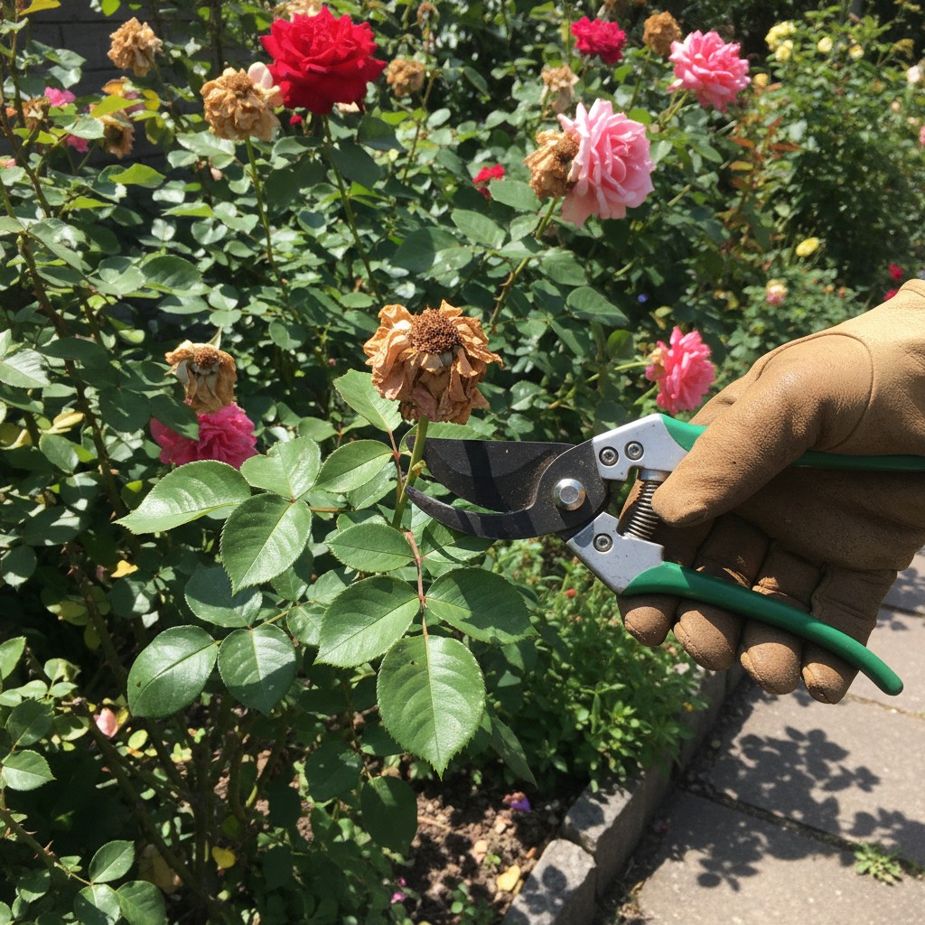 Hand using pruners to deadhead a spent rose bloom at 45-degree angle