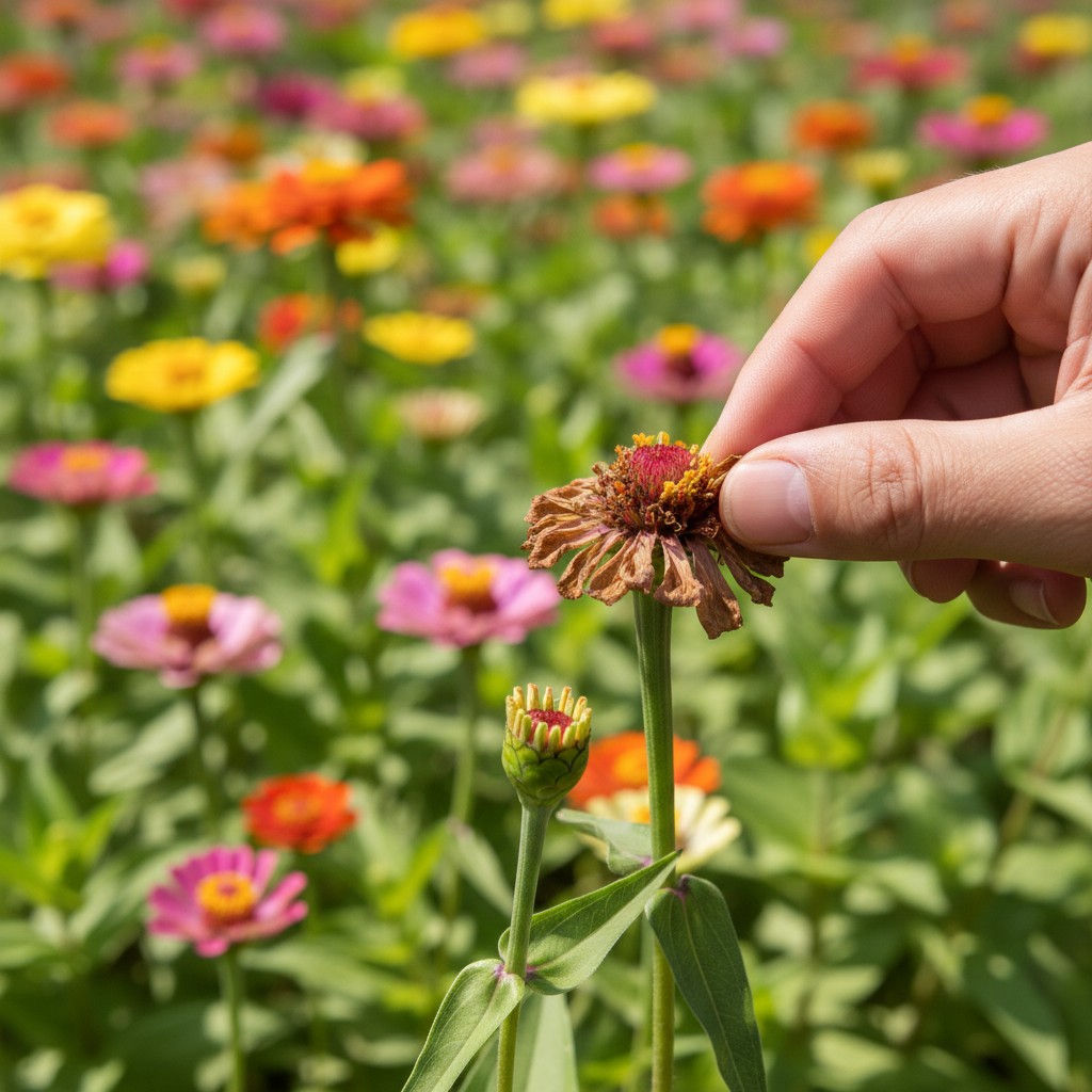 Hand snapping off a spent zinnia flower head with a clean pinch