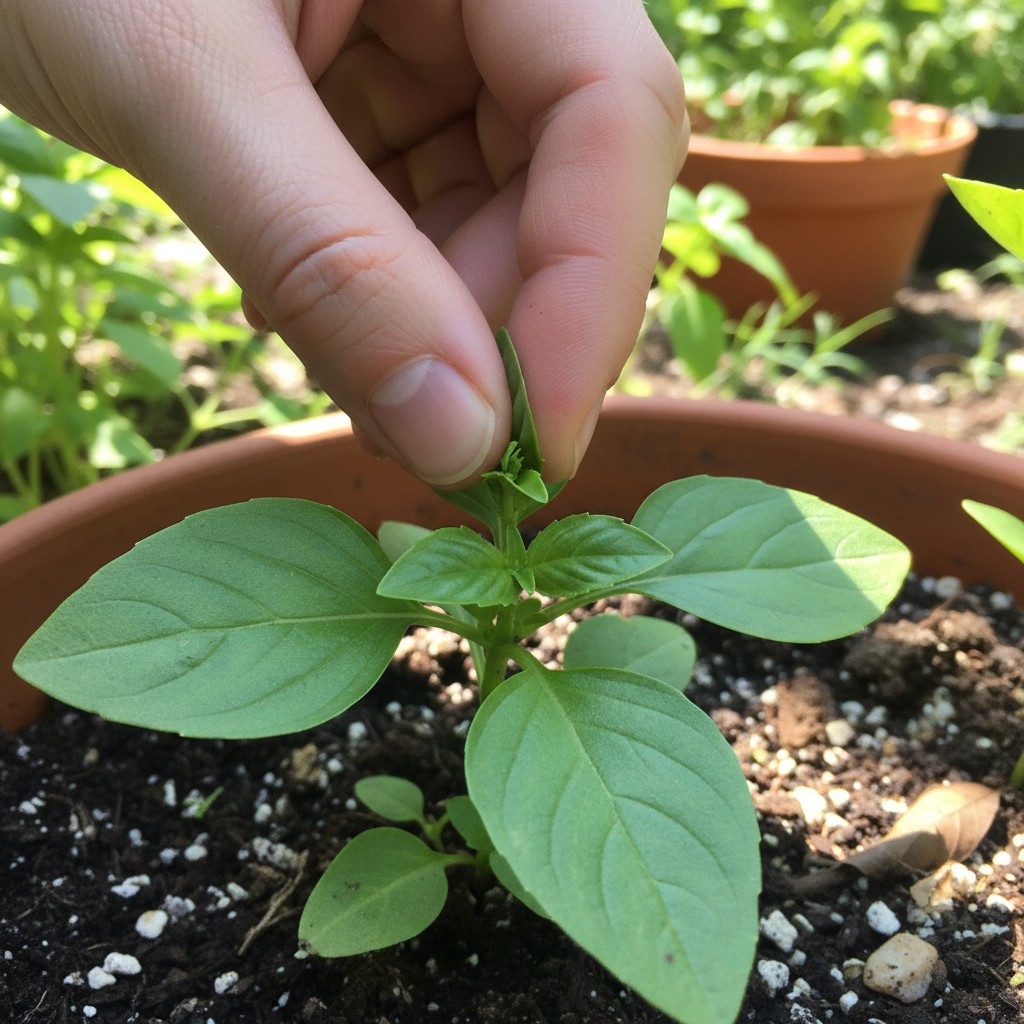 Fingers pinching the growing tip of a basil plant to encourage branching