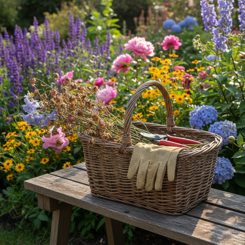 Garden basket with pruners and deadheaded stems on a bench