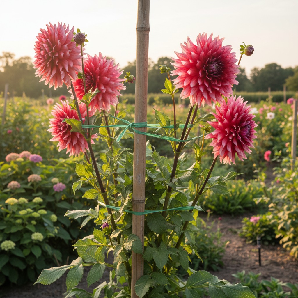 Tall dahlia plant tied to a wooden stake with soft twine