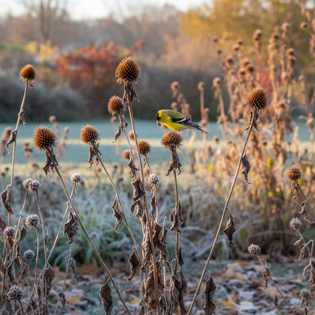 Dried coneflower seed heads in fall with a bird eating seeds
