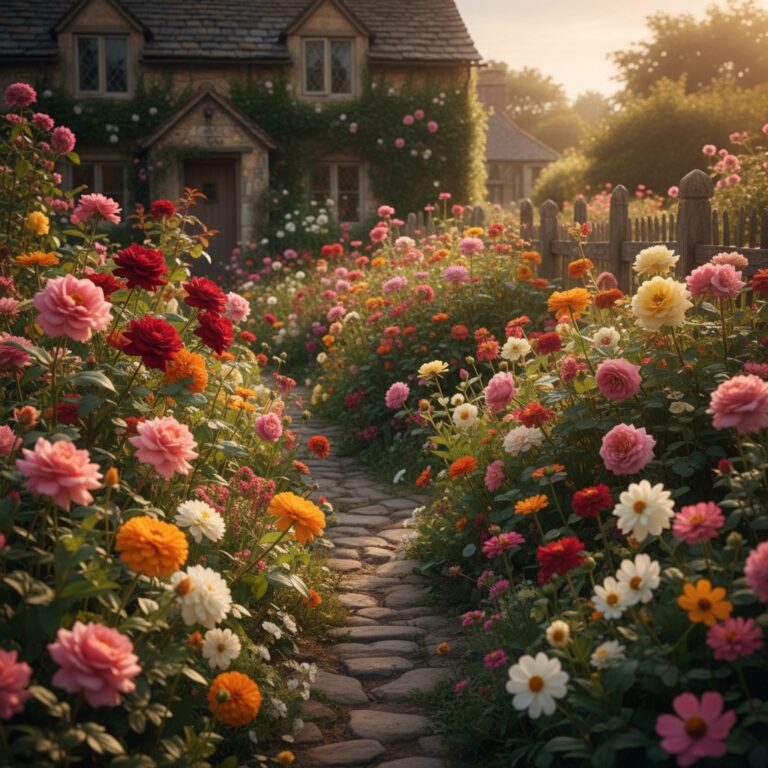 Beautifully maintained cottage flower garden at peak bloom