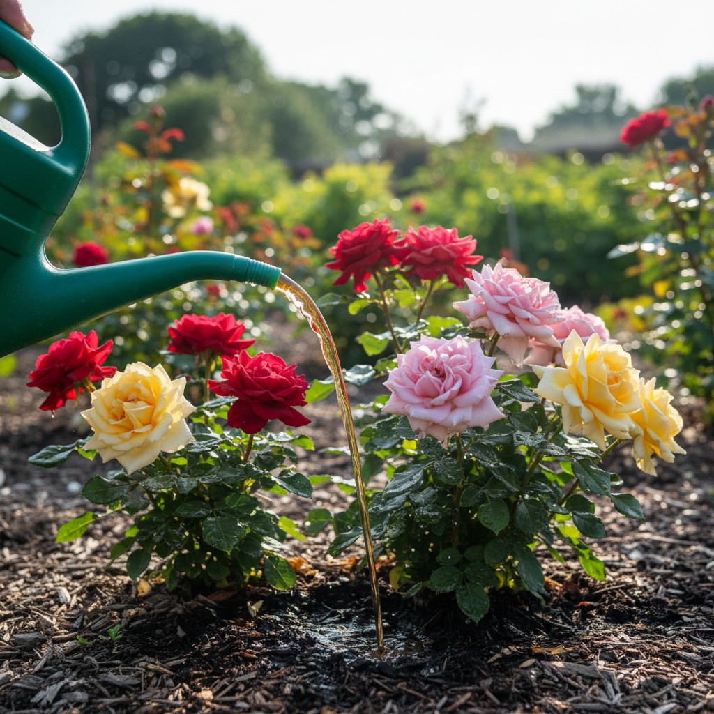 Watering can pouring diluted liquid fertilizer on rose bushes in morning light