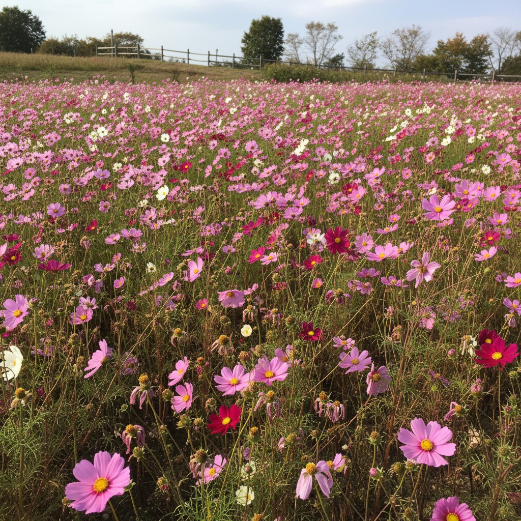 Mass planting of cosmos in pink white and magenta with spent flowers visible among fresh blooms