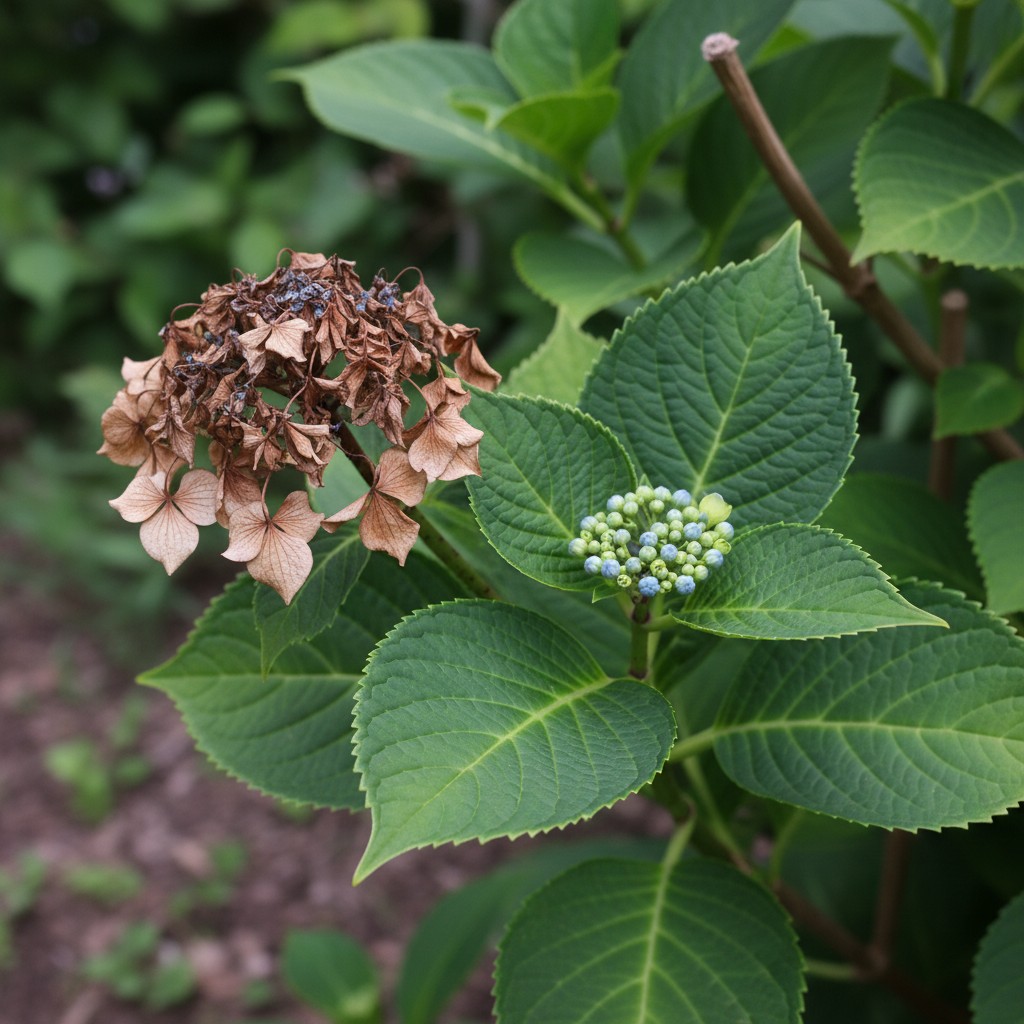 Pruners cutting a spent hydrangea bloom just above the next set of leaves
