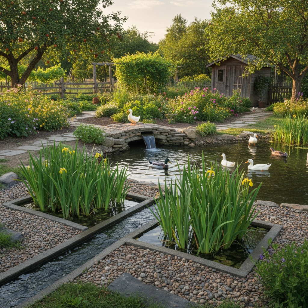 A small bog filter next to a duck pond with aquatic plants growing through gravel