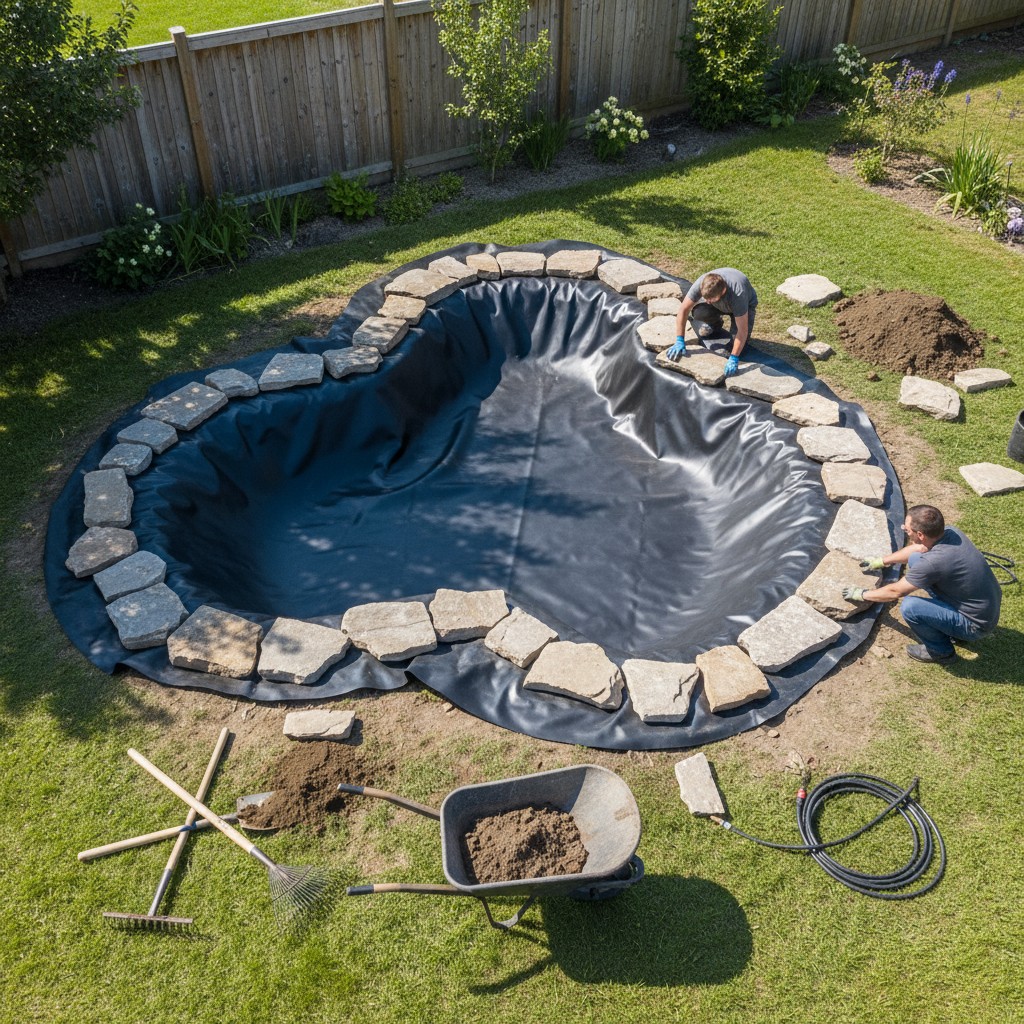 A freshly dug in-ground pond hole lined with black EPDM rubber liner