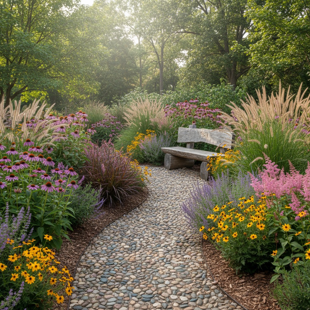 A winding gravel garden path through ornamental grasses and flowering perennials