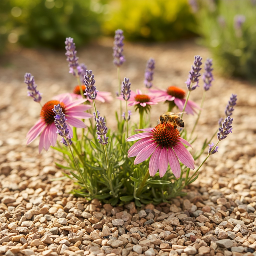 Lavender and echinacea growing through fine gravel mulch with a honeybee visiting
