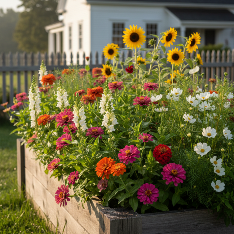 Backyard cut flower garden bed with zinnias, sunflowers, and dahlias in full bloom on a summer morning