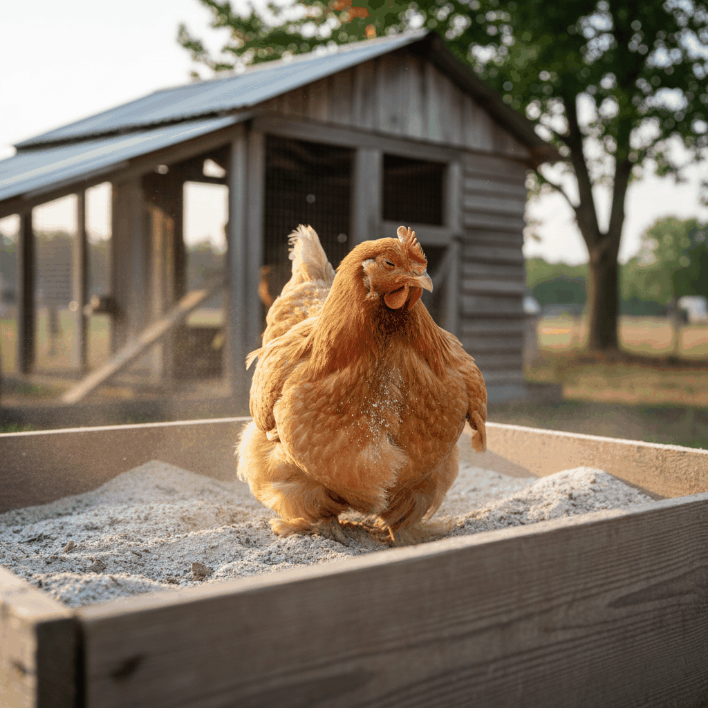 Backyard hen standing in a wooden dust bath box filled with fine sand and wood ash, sunlight on her feathers