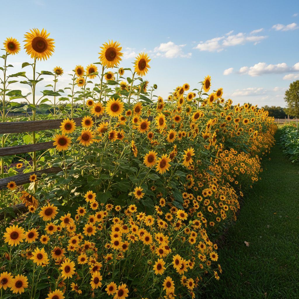 A row of mature yellow sunflowers in full bloom against a blue summer sky in a backyard garden bed