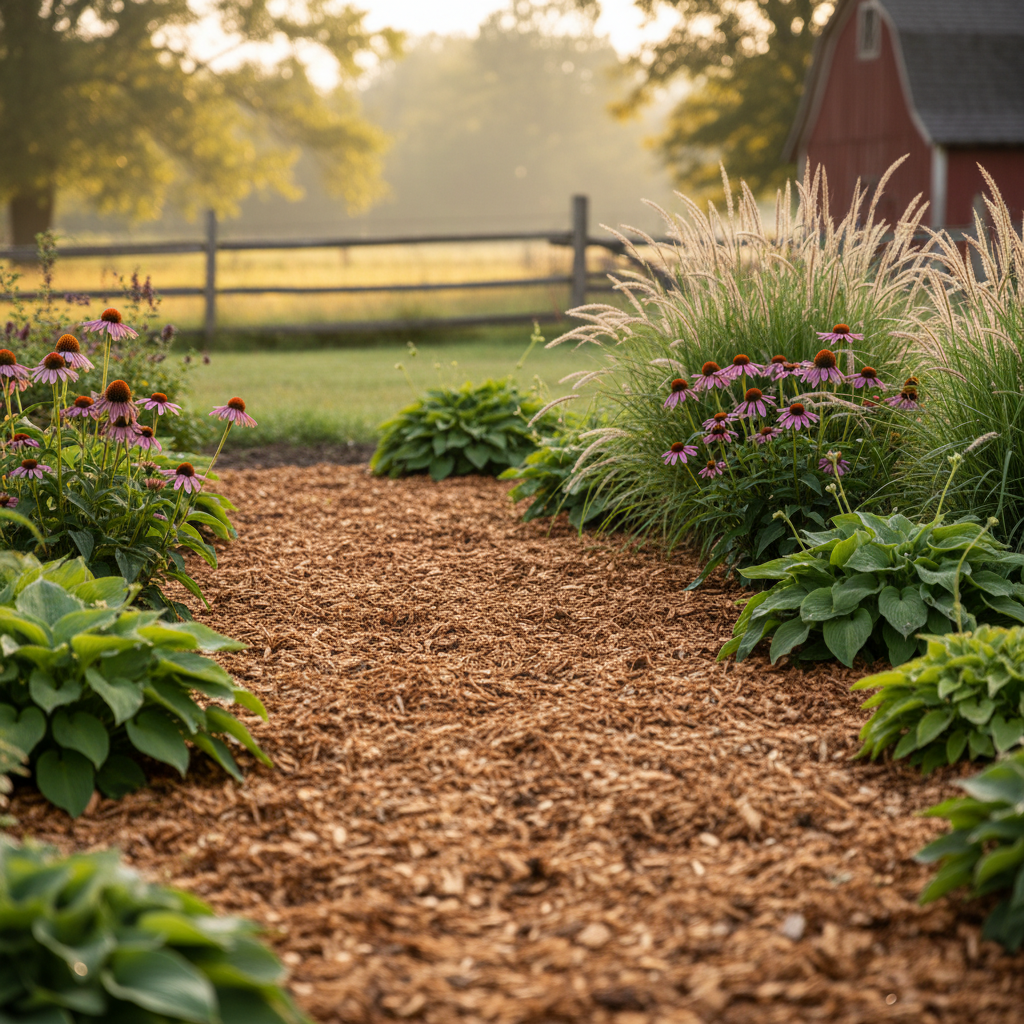 Layer of fresh wood chip mulch spread around perennial garden plants in a sunlit homestead garden bed