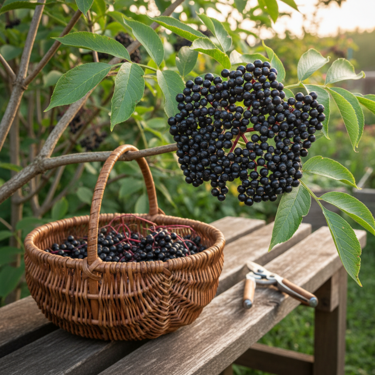 Cluster of ripe dark purple elderberries hanging in a flat-topped cyme on a leafy shrub, with a wicker harvest basket below in soft late-summer light