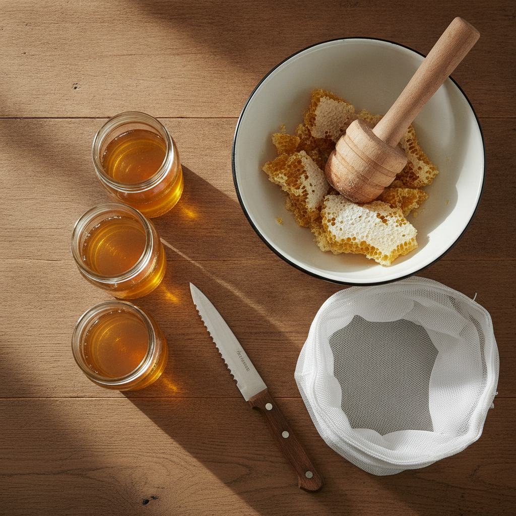 Jars of golden honey on a farmhouse kitchen counter next to crushed honeycomb and straining equipment