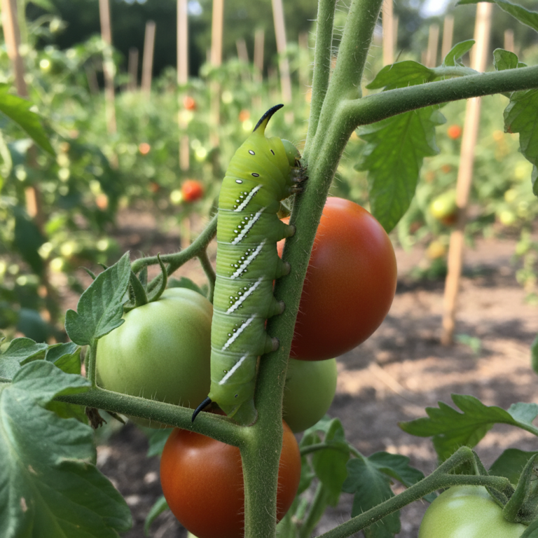 A large green tomato hornworm caterpillar with white V-shaped markings and a black horn clinging to a tomato stem in a sunny garden