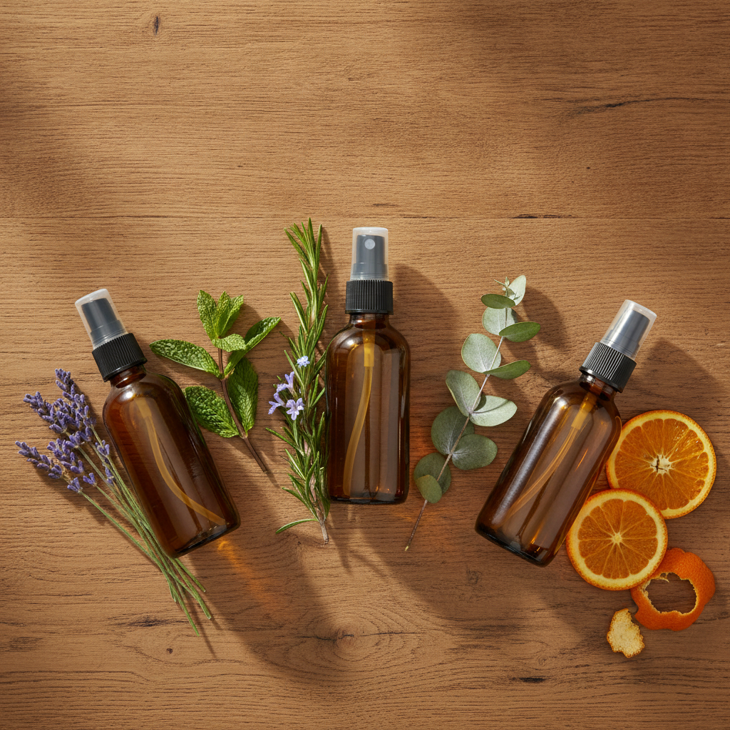 Five amber glass spray bottles of homemade herbal room sprays arranged on a wooden farmhouse counter with fresh sprigs of lavender, peppermint, rosemary, eucalyptus, and orange slices in front of them