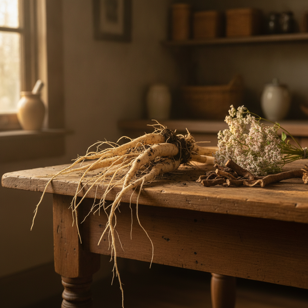 Freshly harvested valerian roots on a rustic wooden table with a sprig of dried flower stalks