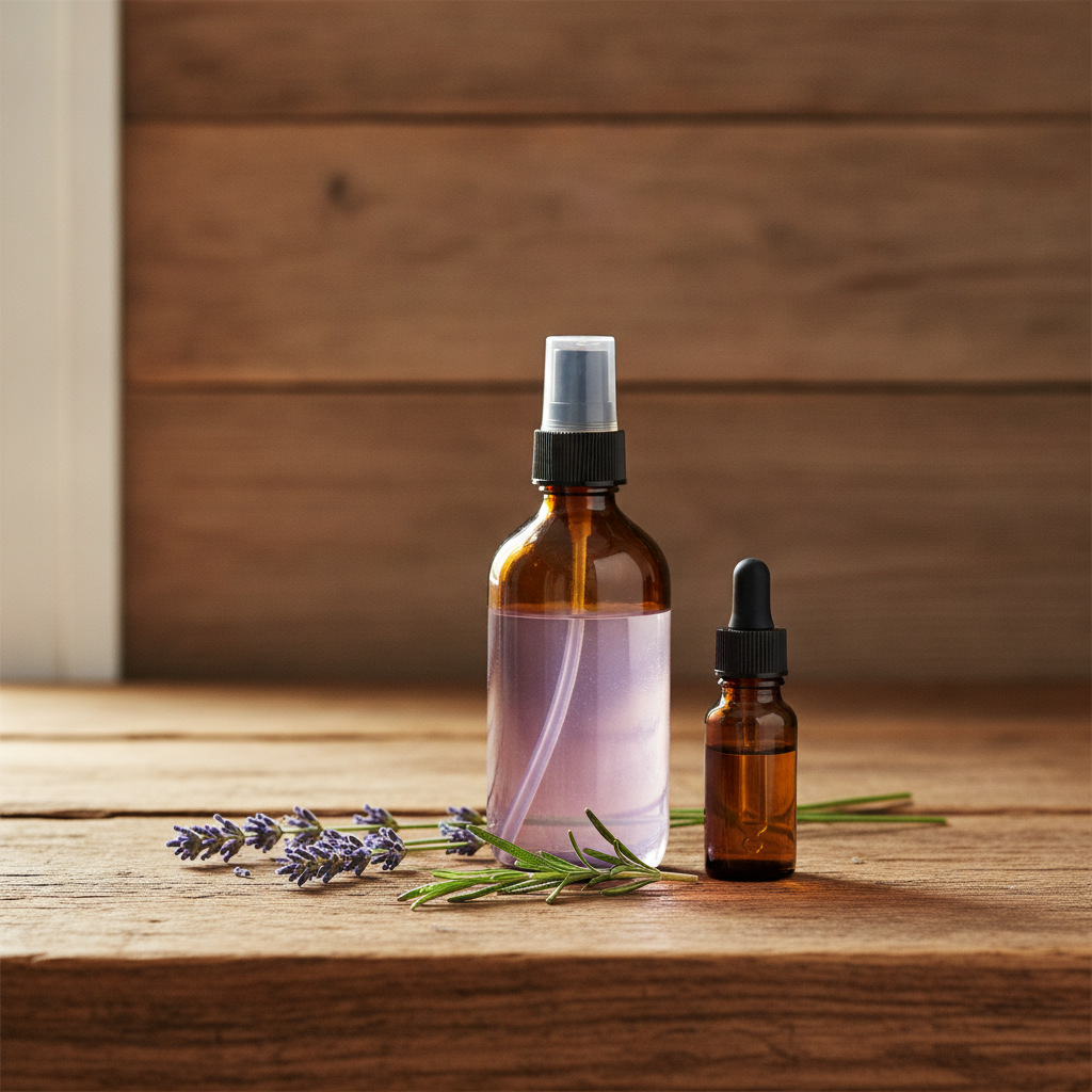 Amber glass spray bottle of homemade lavender herbal room spray on a wooden kitchen counter beside fresh lavender stalks, a sprig of rosemary, and a small brown essential oil bottle