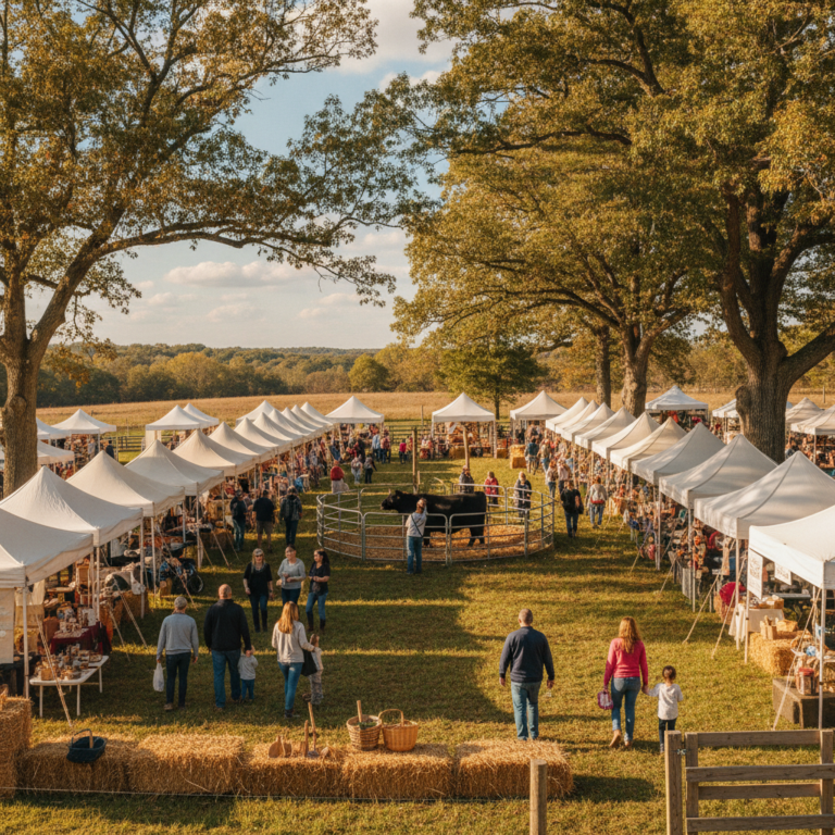 A crowded outdoor homesteading expo at the Webster County Fairgrounds with white vendor tents, families walking between booths, and a livestock demonstration ring under blue Ozark sky