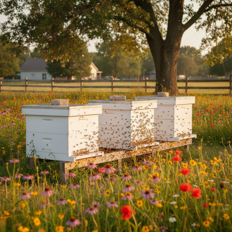 Wooden Langstroth beehives in a sunny backyard apiary with honey bees flying near the entrance