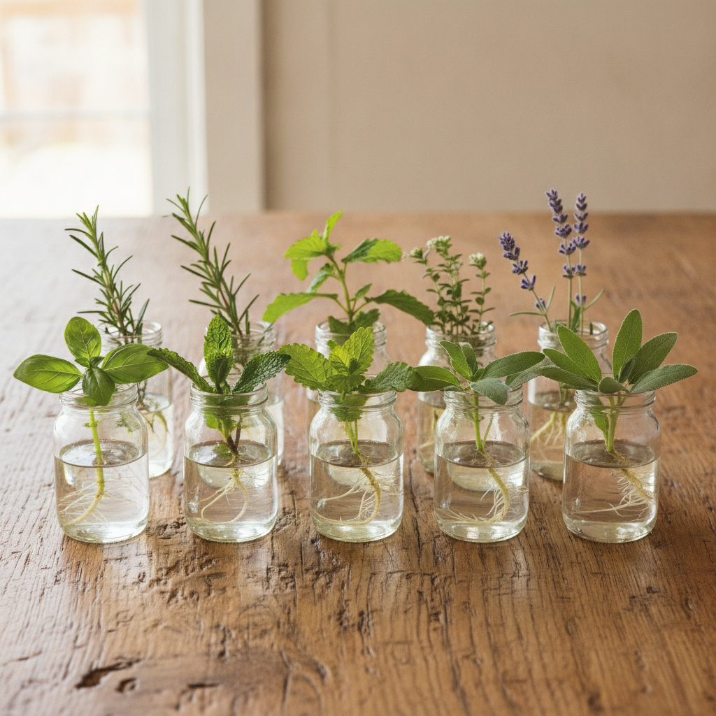 Ten clear glass jars of water in two rows on an oak counter, each rooting a single green herb cutting