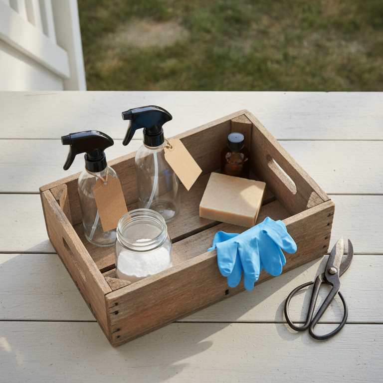 Wooden crate on a whitewashed porch step holds labeled glass spray bottles, baking soda in a mason jar, a bar of castile soap, nitrile gloves, and a small amber neem-oil bottle beside garden shears