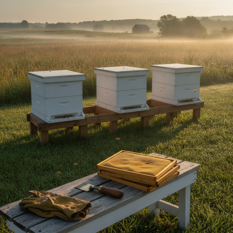 A stack of Langstroth hive frames, a hive tool, and leather gloves on a weathered wooden bench beside three white beehives in a rural apiary at dawn
