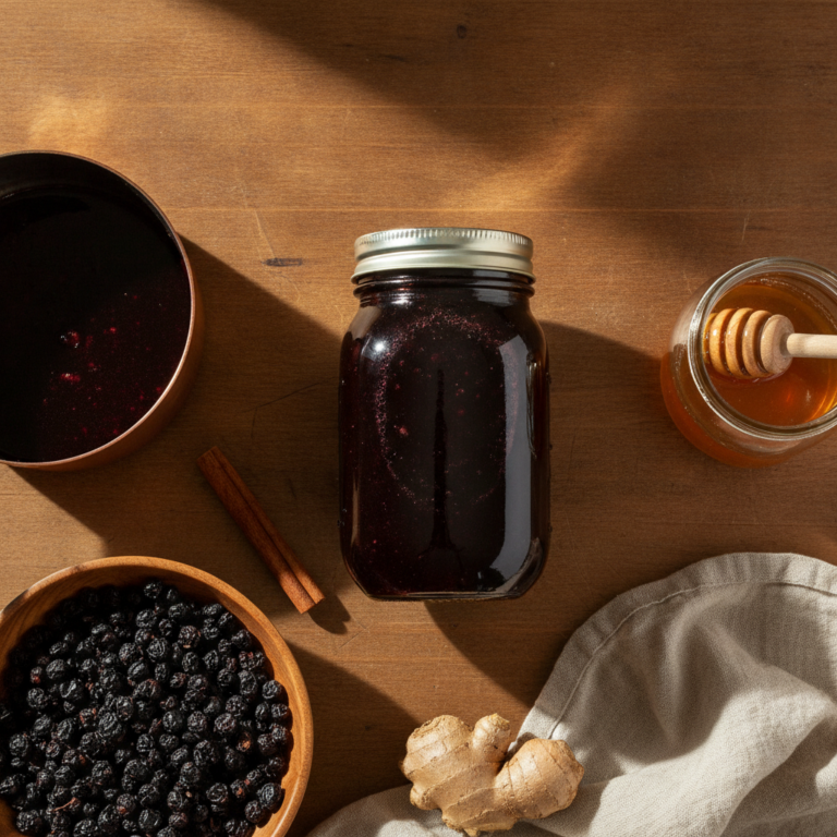 A pint mason jar of dark elderberry syrup on a wooden counter beside a copper saucepan, dried elderberries, cinnamon, ginger, and raw honey