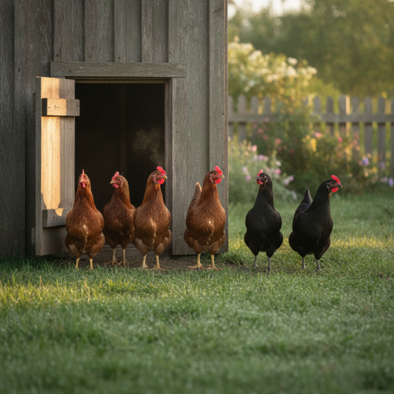 A small backyard flock of brown and black hens standing at the door of a wooden coop on a cool morning
