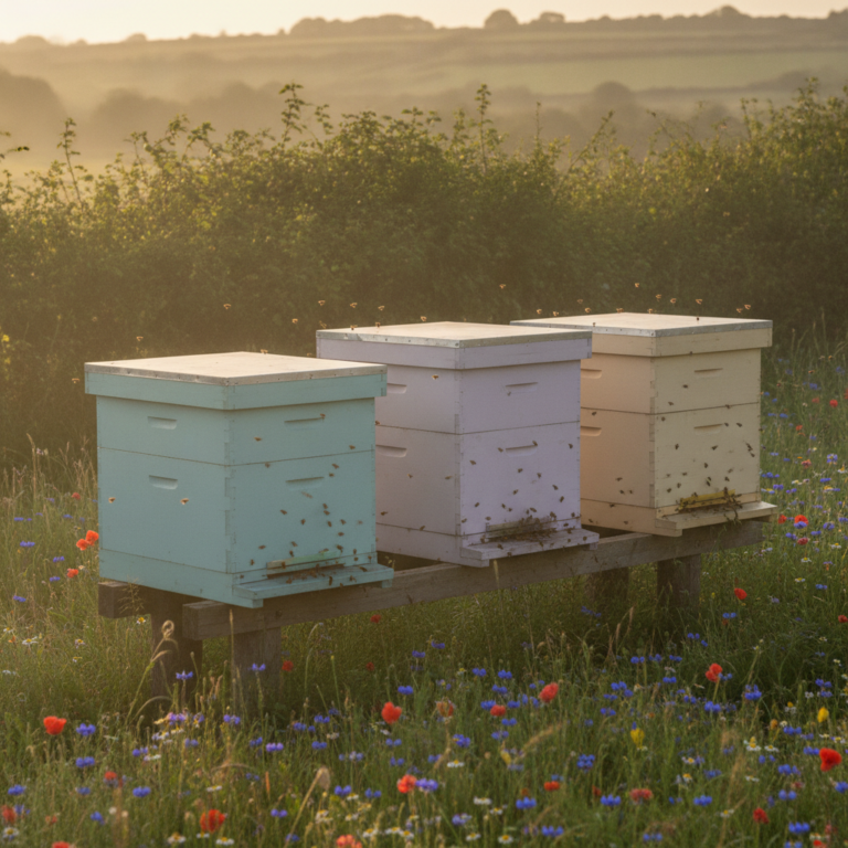 Three painted Langstroth beehives on a wooden stand in a wildflower meadow at dawn with soft mist and low sun behind them